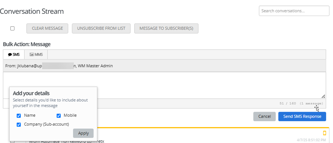 convesration stream with applied header